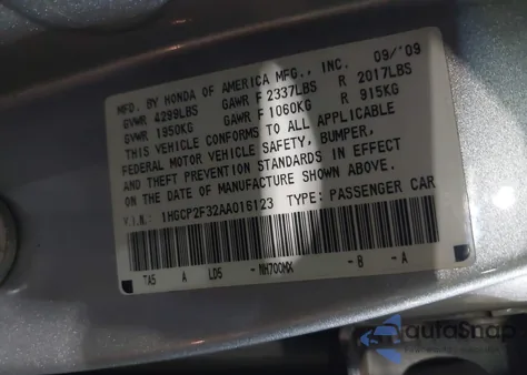 2010 Honda Accord 2.4 Lx из США, поврежденный, VIN 1HGCP2F32AA016123